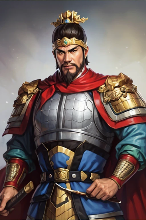 8K,man with sword,ornate armor(The elaborately crafted coat of arms of a nobleman),ultra high resolution,surreal,realistic skin,Black hair short hair,big black eyes,clear eye description, muscular body,waist armor,delicate hands, Perfect hand shape, character art, action pose,masterpiece,Realistic RAW photos of the highest quality,bright colors,rich colors, backlight, movie lights, film grain,50mm lens
