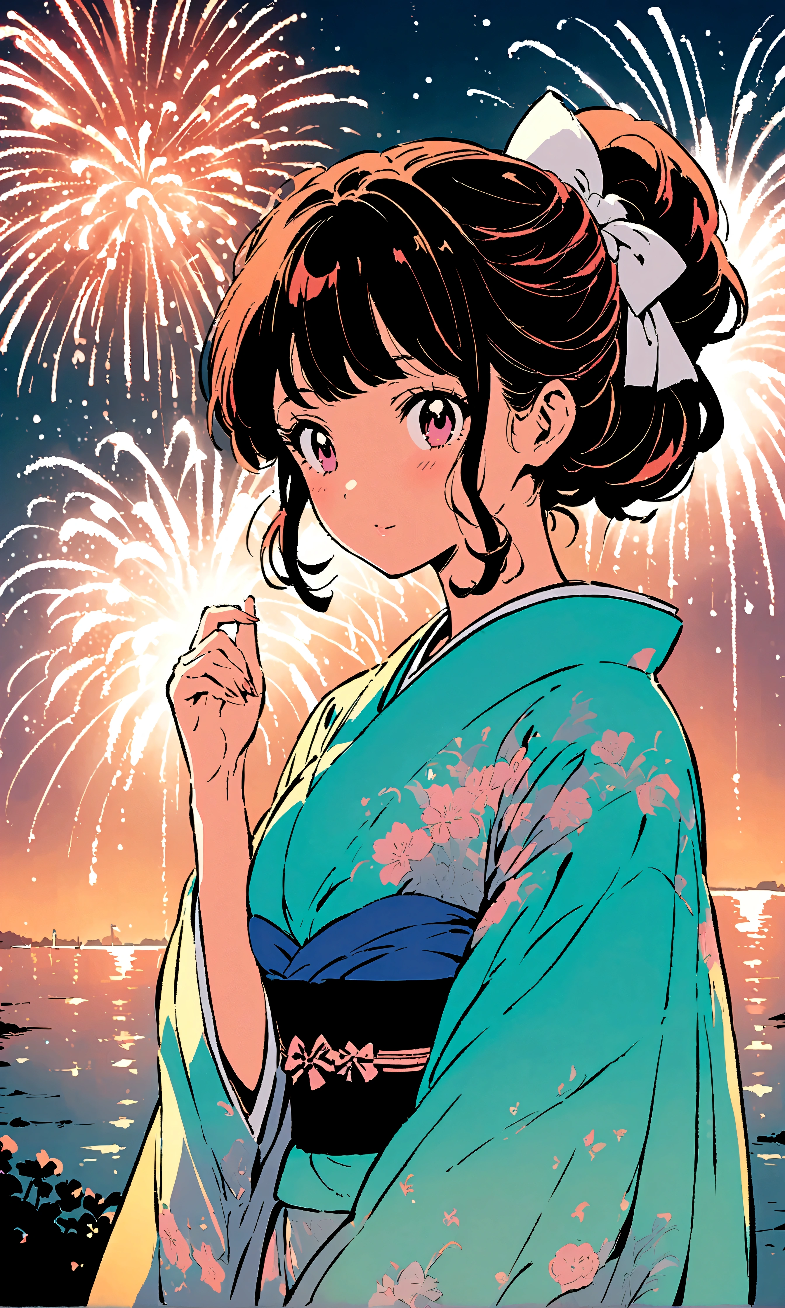 ((Illustration style)),Anime style, Maiko, A woman in an elegant kimono, fireworks, charming