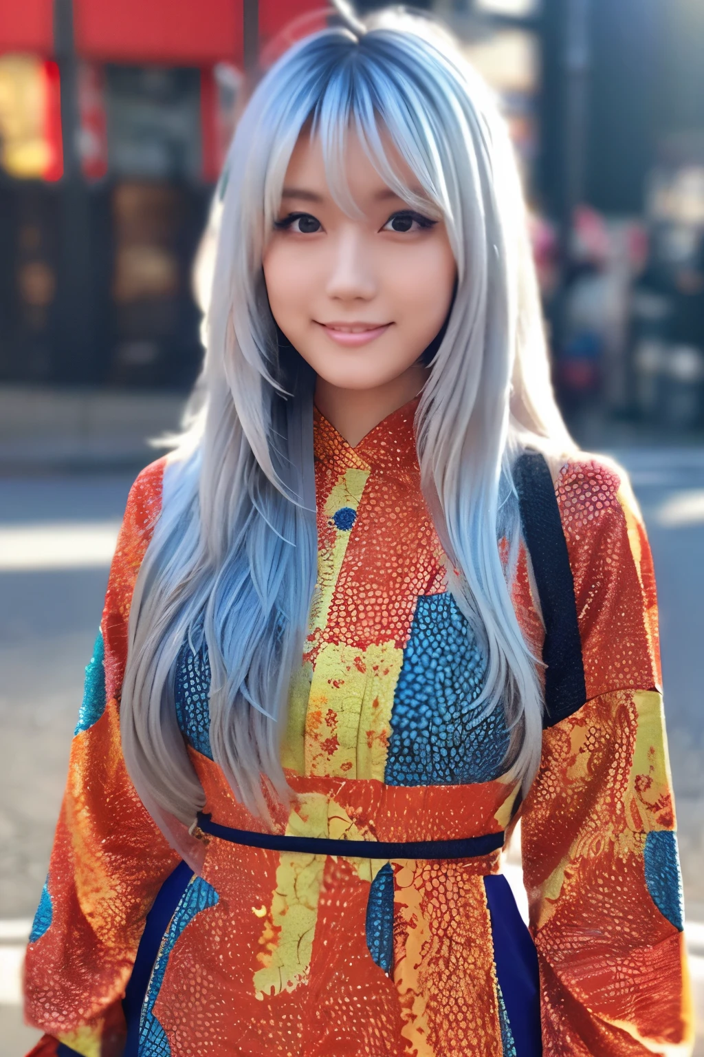 Masterpiece, high quality, high resolution, 8K, (solo:1.2), ((1girl)), Japanese woman, detailed face, detailed eyes, correct body structure, upper body, ((White hair:1.2)), very long hair, messy hair, slender body, seductive silhouette, luminous bones, depth of field, dark photo at nighttime, dimly lit, bangs, Cinematic Lighting, Tyndall effect, abstract background, futuristic outfits, vibrant colors, modern style, wide sleeves, artistic, unique patterns, colorful, stylish, trendy