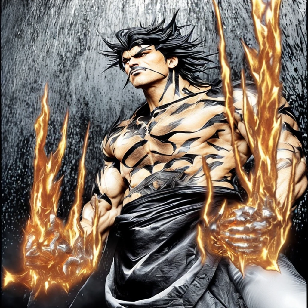 Realistic render character with spiky black hair and a muscular build, emitting orange flames from his hands.