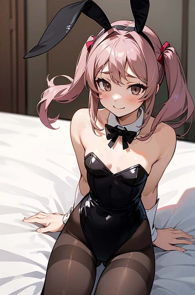 1girl, solo, rabbit ears,, black rabbit ears, bunny-girl outfit, playboy bunny,, impish smile, ,flat breasts,(flat chest, ), leotard, pantyhose, black pantyhose, rabbit tail, indoors, on bed,,twintails,pink_hair,sazanami (kancolle)