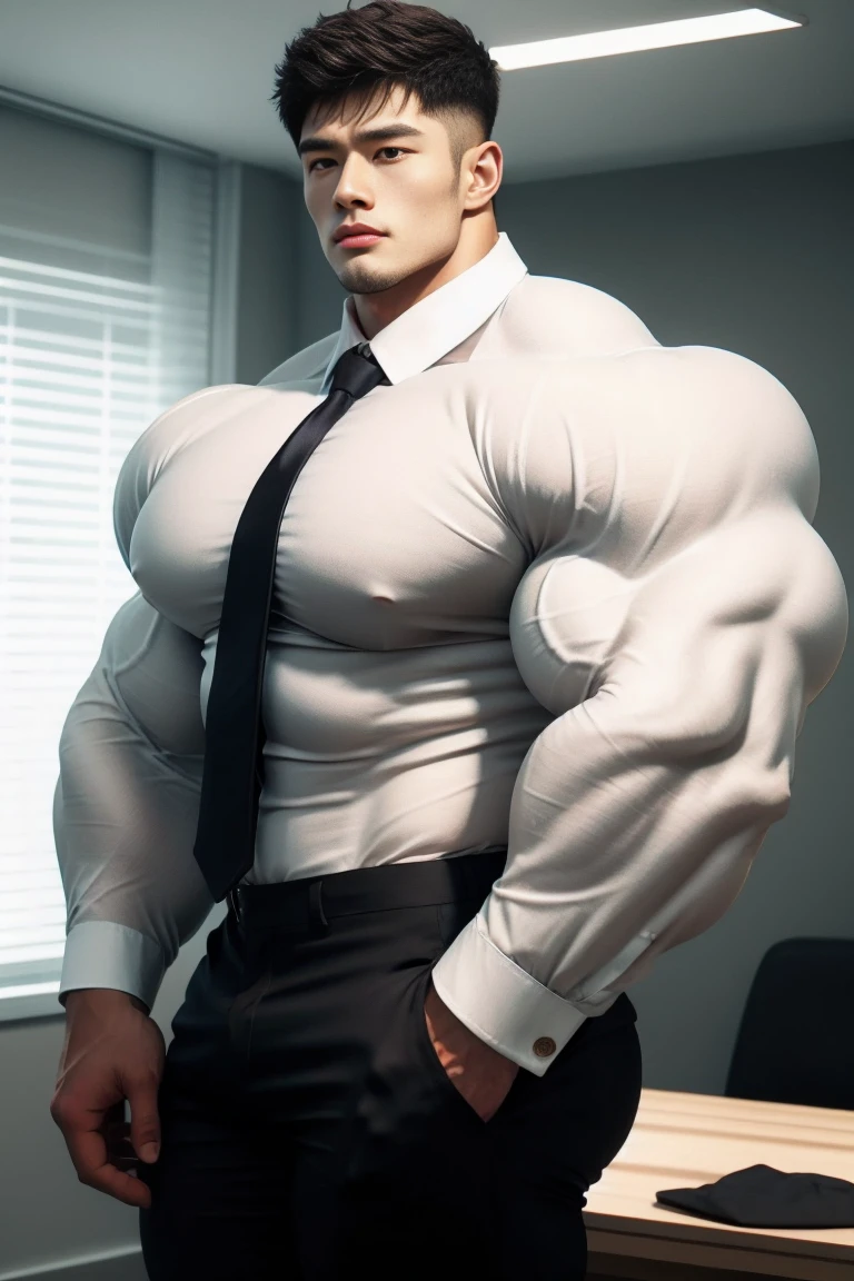 1 handsome young muscular man, (brutalmass:1.55), (Asian: 1.7), model, (detailed perfect face, black eyes: 1.2345), standing indoors, (extremely wide and broad shoulders, super muscular, giant muscles: 1.331), (long sleeve formal white shirt, tie, black pants: 1.555), realistic skin, (ultra realistic, detailed, high quality, 8k image quality, finely detailed, masterpiece, best quality: 1.2), facing camera, looking at camera