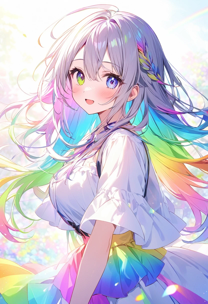 Rainbow colors、Bright colors、Colorful、mysteriouysteriousな色、Rainbow colorsの髪、Bright colorsの髪、Colorfulな髪の毛、Long Hair、beautiful、Rainbow colorsの目、Bright colorsの目、Colorfulな目、beautifulな目、背景がwhiteい、white色の背景、、Rainbow colors、white