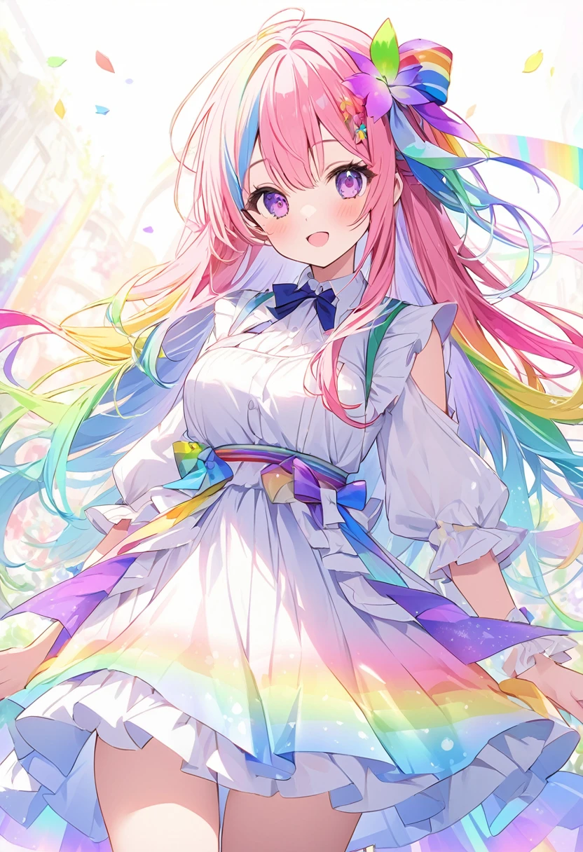 Rainbow colors、Bright colors、Colorful、mysteriouysteriousな色、Rainbow colorsの髪、Bright colorsの髪、Colorfulな髪の毛、Long Hair、beautiful、Rainbow colorsの目、Bright colorsの目、Colorfulな目、beautifulな目、背景がwhiteい、white色の背景、、Rainbow colors、white