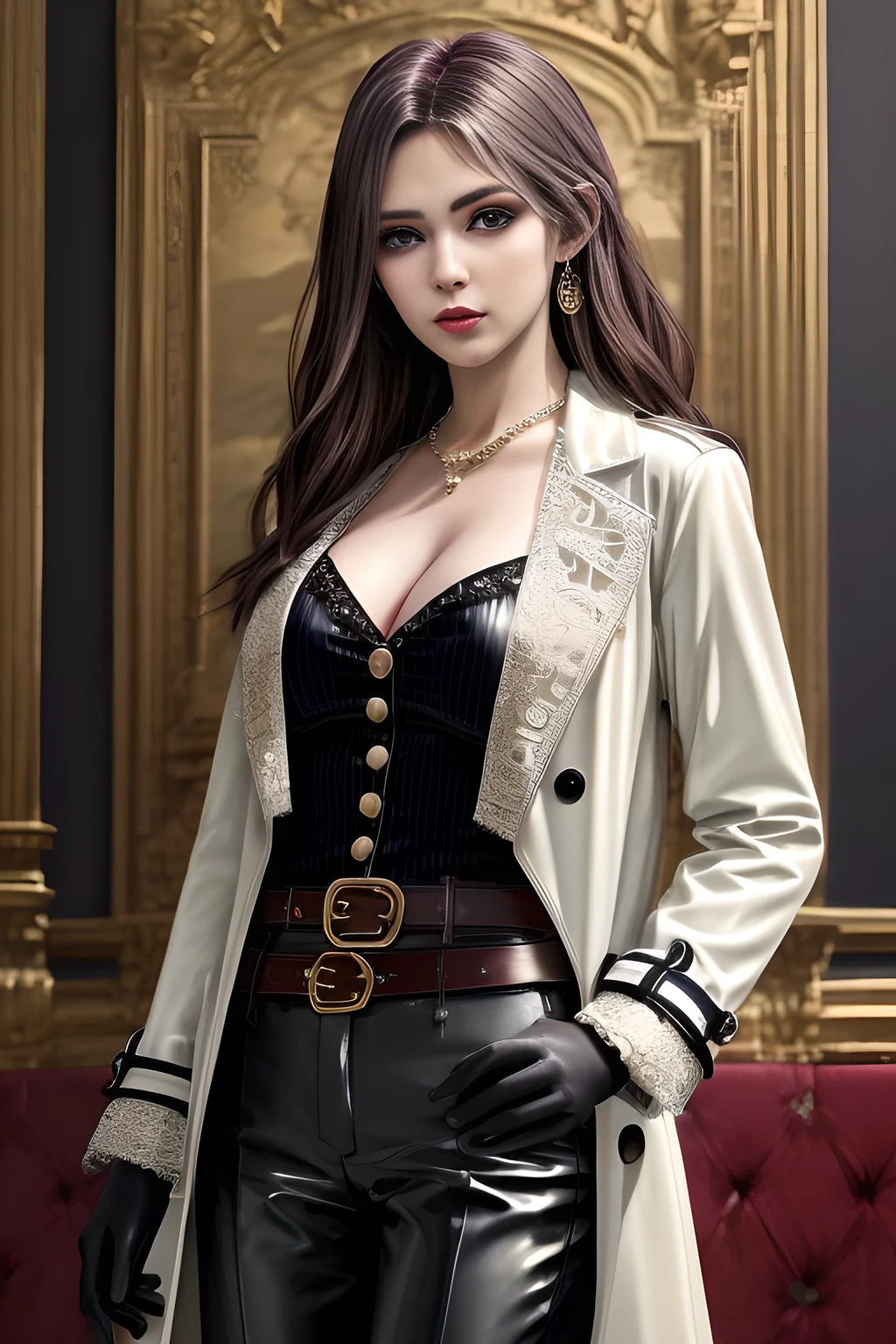 1girl,Wearing an elegant and fashionable suit. He is wearing a long white trench coat, and the buttons and belt design of the trench coat add a touch of classicism. He is wearing a dark striped suit, including a suit jacket and pants, and black gloves on his hands,, beautiful detailed eyes, beautiful detailed lips, extremely detailed eyes and face, long eyelashes, best quality, 4k, 8k, highres, masterpiece, ultra-detailed, realistic, photorealistic, photo-realistic, ethereal glow, regal elegance, intricate details, luxurious, otherworldly beauty, dark atmospheric background, supernatural aura,  elise,
