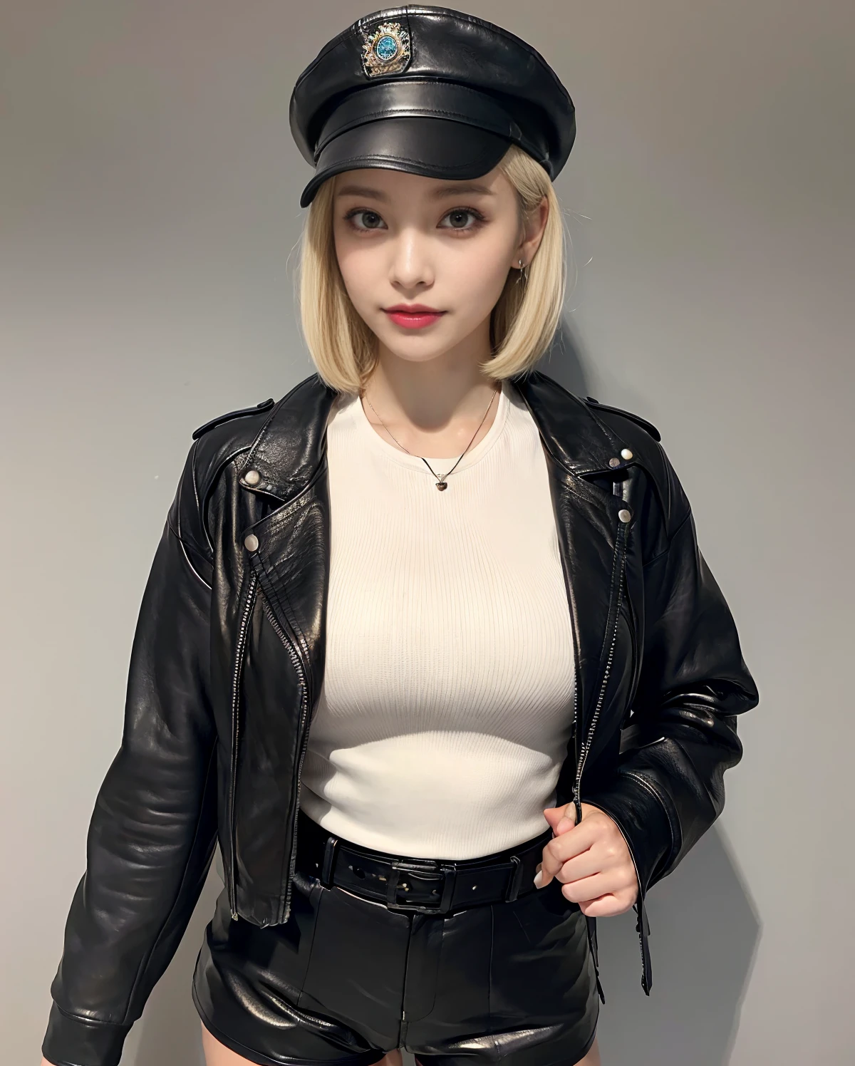 (((masterpiece))), Ultra-high resolution, (8K), (((Looks super realistic))), Highest quality, Ultra fine, ((Anatomically correct)), Cinematic lighting, (Super beautiful sexy 29 year old woman), ((Only one person)), Oval Face, Beautiful Face, smirk, Natural Makeup, Detailed big eyes, double eyelid, Detailed eyebrows, Thick lips, ((Short hair:1.3)), ((White Blonde hair color:1.3)), Detailed skin texture, Glowing Skin, Alluring large breasts:1.3, Perfect and beautiful body, Seductive big ass, Detailed and perfectly fitted outfit, (((black Leather jacket, black Leather shorts, black Leather Garrison Cap,))), Gorgeous Earrings, Gorgeous Necklace, Gorgeous belt,