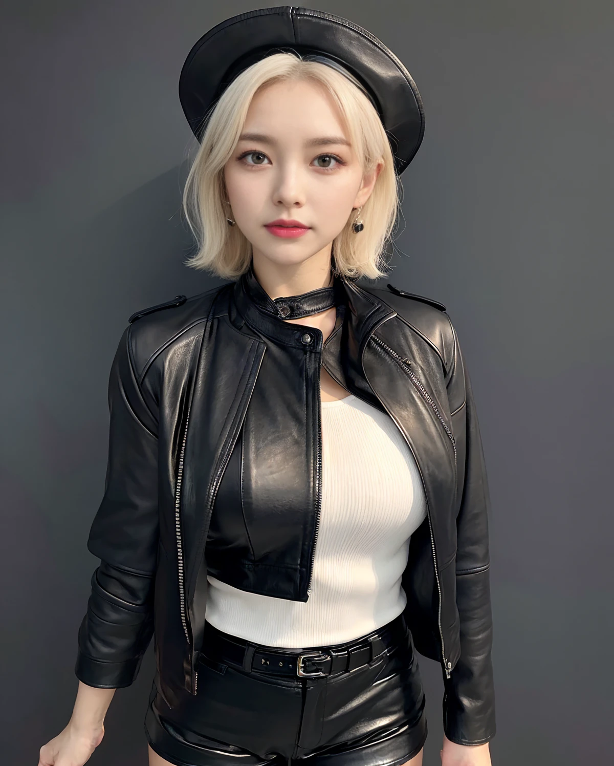 lolita, smile, 20-year-old, ((highest quality)), ((masterpiece)), (High resolution:1.3), ..3D, beautiful (cyber punk:1.3), stylish woman, watch camera black leather clothing, sleeveless, embarrassing, invisible waist skin, Blue-black leather pants, silver zipper,Belt under the waist,super fine illustration,blonde hair , amount, silver zipper in the middle, leather blue black body, With sleeves: Blue Black, shiny, black hair,