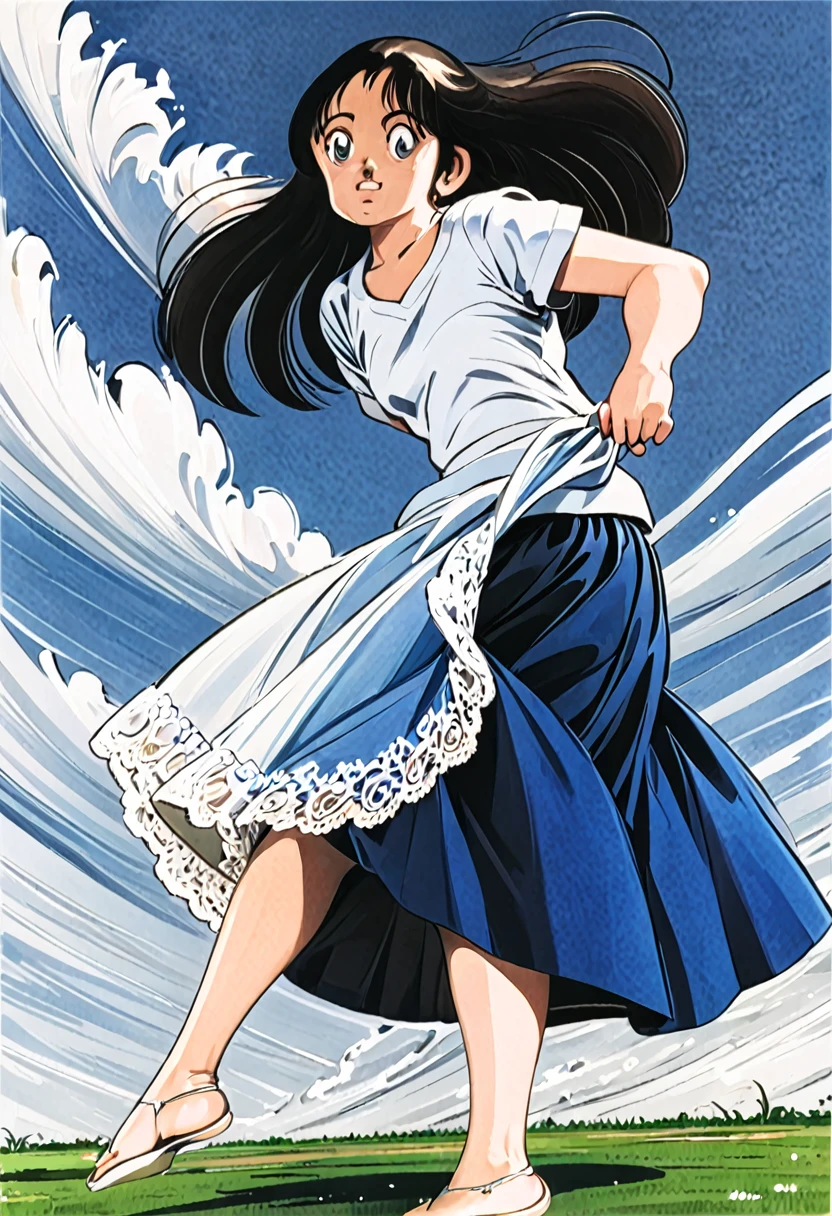 音無響子制服のLong skirt、The color is dark blue、
Low - Angle、制服のLong skirt、The color is dark blue、
Low - Angle、Long skirt、Hold down your skirt that is being blown up by the strong wind、Anime white panties in a strong wind、Crotch is visible
ローレグのパンツ、Color: White、
Crotch is visible、
、Lined、White lace lining、