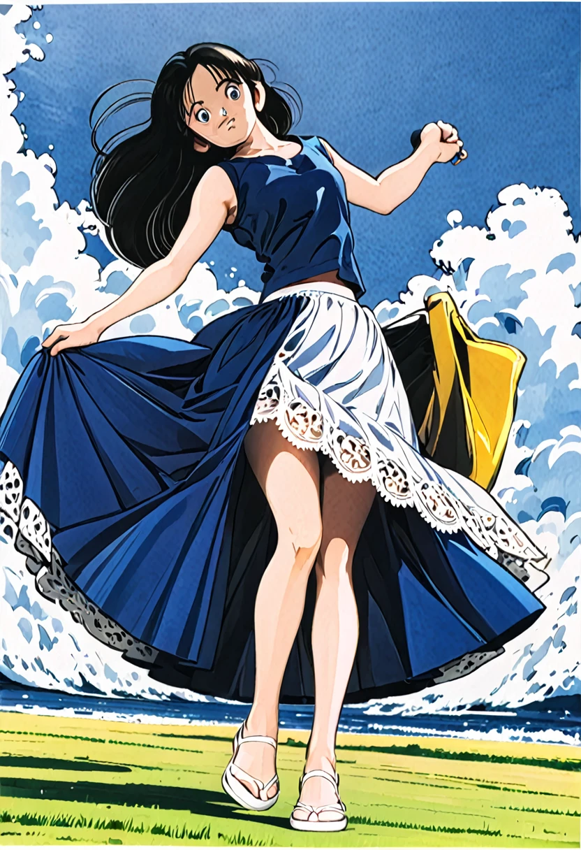 音無響子制服のLong skirt、The color is dark blue、
Low - Angle、制服のLong skirt、The color is dark blue、
Low - Angle、Long skirt、Hold down your skirt that is being blown up by the strong wind、Anime white panties in a strong wind、?????? is visible
ローレグのパンツ、Color: White、
?????? is visible、
、Lined、White lace lining、
