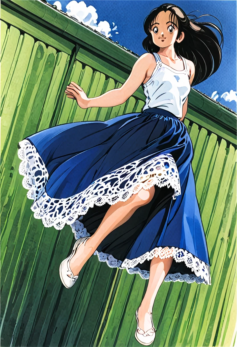 音無響子制服のLong skirt、The color is dark blue、
Low - Angle、制服のLong skirt、The color is dark blue、
Low - Angle、Long skirt、Hold down your skirt that is being blown up by the strong wind、Anime white panties in a strong wind、Crotch is visible
ローレグのパンツ、Color: White、
Crotch is visible、
、Lined、White lace lining、