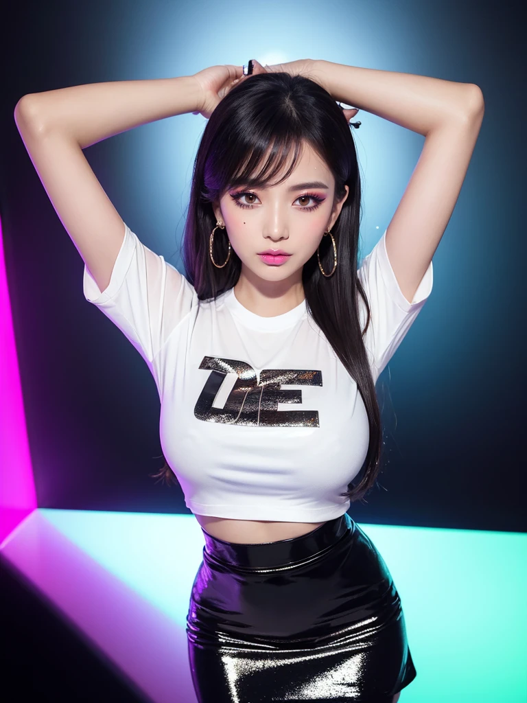 Beautiful woman、A face with glamorous eyeshadow and makeup、Nice body、Big Tits、Earrings、A sexy pose with both hands behind the head and legs wide open、Open-front short-sleeve shirt、Black vinyl micro mini skirt、Nightclub、Neon Light、Shiny skin、Sweaty body、From the thigh up、From below