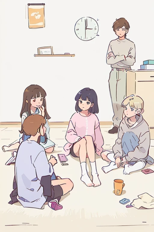 There are a lot of people sitting on the floor of the room, Smooth animated illustrations, Today's recommended animation stills, In the art style of 80's animation, DDLC, sankakucomplex anime image, Afternoon hangout, nekomimi, Flat animation style, anime aesthetic, slice of life animation, anime cat girl, cute animation, anime scene, still in animation