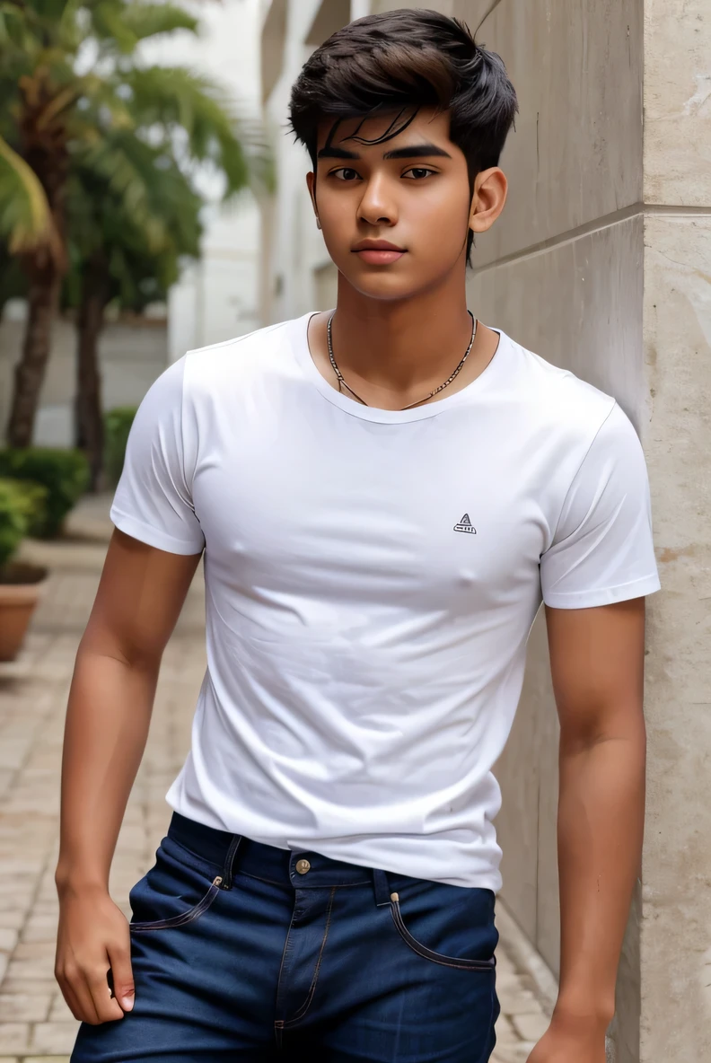 An 18 year old hot boy wearing a white t shirt with name sumit