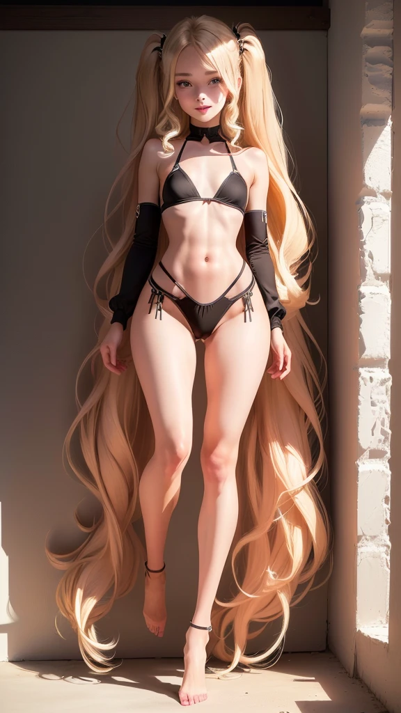 nsfw, ((full body)), (full body in view, full body visible, body forward facing, full body shot: 1.9, full body view:1.9, wide angle:1.2, zoom out, forward facing view), 8K raw photo, Best quality, masterpiece, ultra high res, looking at viewer, ((A 10 year old girl, Beatrix Anerhauser (Zom 100))), long wavy blonde hair, twin tails, natural skin texture, Big Eyes:1.8, Exquisite Eyes:1.5, Glowing Ice Blue Eyes:1.8, almond-shaped eyes, eye-shadow:1.5, intensify in many eyelashes, blonde eyelashes, perfectly arched eyebrows, many eyelashes, and face details, rouge cheeks, small nose, cute nose, button nose, full lips, parted lips, smile expression:1.7, perfect teeth, red lipstick:1.2, small nose, cute nose, button nose, beautiful legs, tall female, skinny, long_legs:1.7, slim_legs:1.8, thin_thighs:1.8, thigh_gap:1.8, ((tiny waist:1.8, small hips:1.8)), supermodel, gymnast body, small breasts, shaved pubic area, bald pussy, flat grey background, naked, black silk stockings, black high heels, perfect feet, ((sexy standing pose:1.7, legs spread)), ((full body)), (full body in view, full body visible, body forward facing, full body shot:1.9, full body view:1.9, wide angle:1.0, zoom out, forward facing view, long slender legs in frame, beautiful face in frame, naked, nude), (nsfw, nude, uncensored), ((full body, completely nude, full body in frame)), a young woman in a bikini posing for a picture in a studio, photo of slim girl model, bikini model, 10 year old female model, model with attractive body, feminine slim figure, full body shot in bikini, sexy girl, attire: bikini, photo of slim girl, sultry body with sexy abs, gorgeous bikini model, beautiful fashion model body, attractive body, full body shot