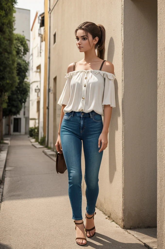 a woman, standing facing forward, 18 years old, brown hair in a medium ponytail, green eyes with long eyelashes, white blouse with exposed shoulders, jeans, brown high-heeled sandals, minimalist full-body photo, 8k resolution, high quality, detaile