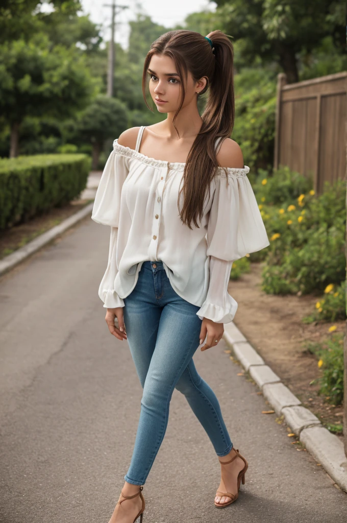 a woman, standing facing forward, 18 years old, brown hair in a medium ponytail, green eyes with long eyelashes, white blouse with exposed shoulders, jeans, brown high-heeled sandals, minimalist full-body photo, 8k resolution, high quality, detaile