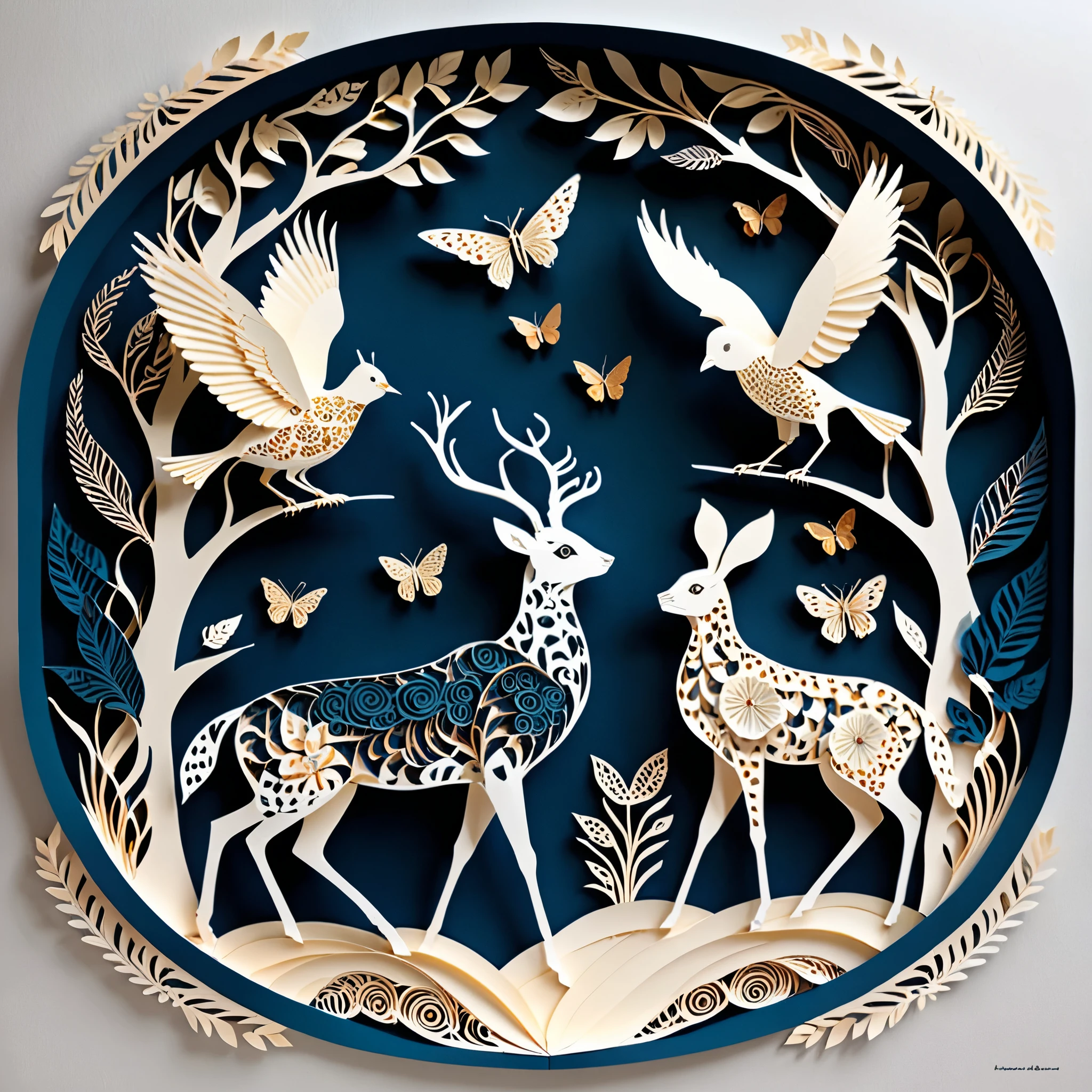 Create a detailed paper cutout artwork depicting a scene that combines intricate patterns with various creatures. The scene should include a harmonious blend of elaborate, decorative patterns interwoven with animals such as birds, fish, butterflies, and other creatures. The patterns should complement the forms and movements of the animals, creating a seamless integration between the natural and the abstract. The artwork should evoke a sense of wonder and intricacy, highlighting the beauty and complexity of both the patterns and the creatures. The overall mood should be artistic and enchanting, capturing the elegance of nature through detailed design