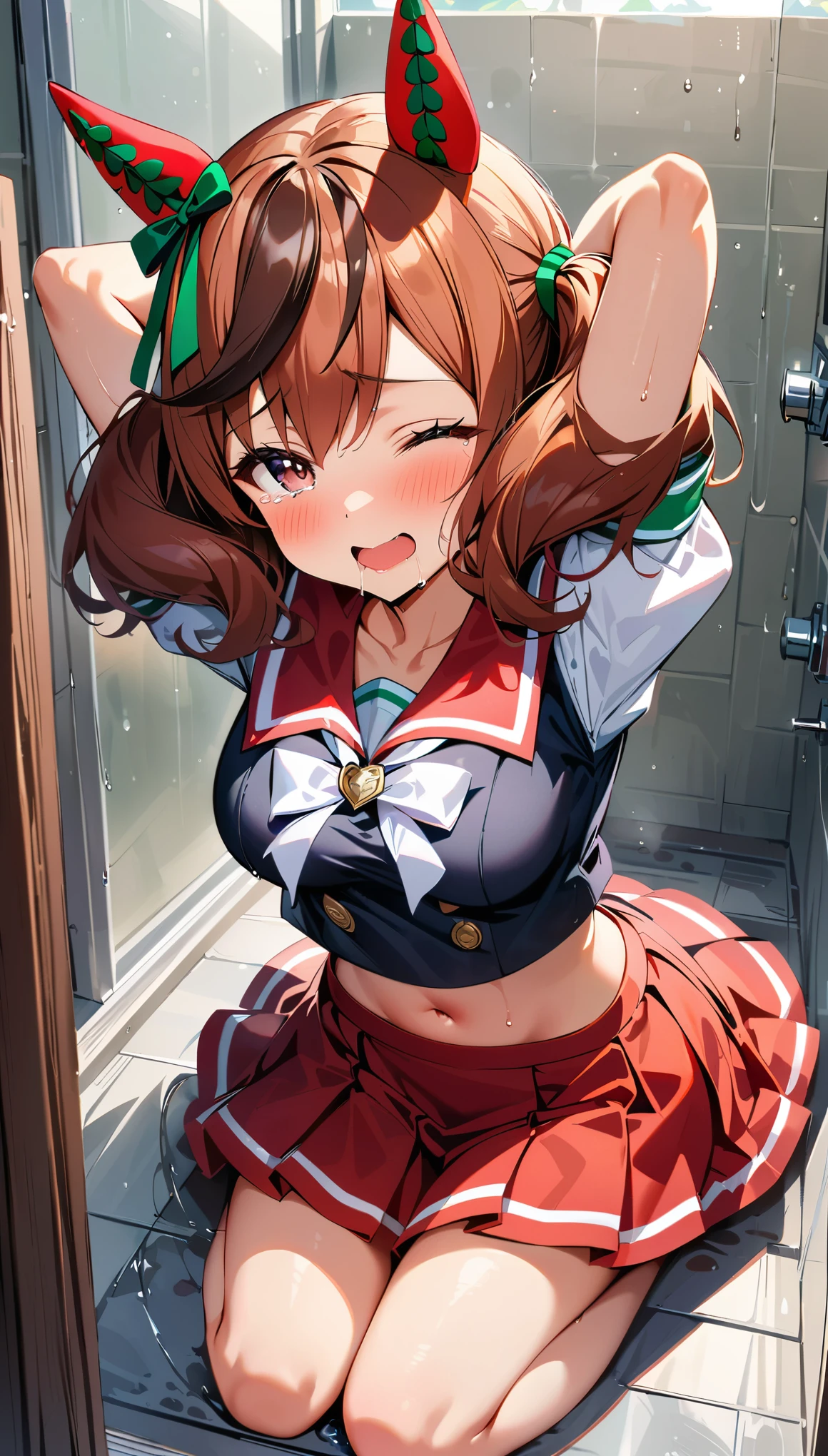 masterpiece, highest quality, The cutest girl in the world、Cheeky brat、８age、Small breasts、ponytail、Crimson hair、、no suit、Ecstatic expression、Leaning posture、Serve your master、Office、Sweating、Topless、Pushed down posture、Spurting body fluids、Dynamic Angle、Pant voice、Twitch twitch、sensitive nipples、Don&#39;t look ahegao face 