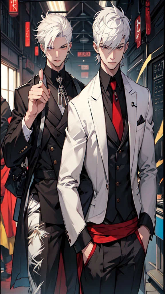 2 Well-dressed men White hair Different haircuts Two eyes