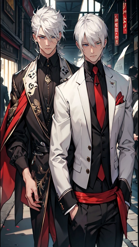 2 Well-dressed men White hair Different haircuts Two eyes