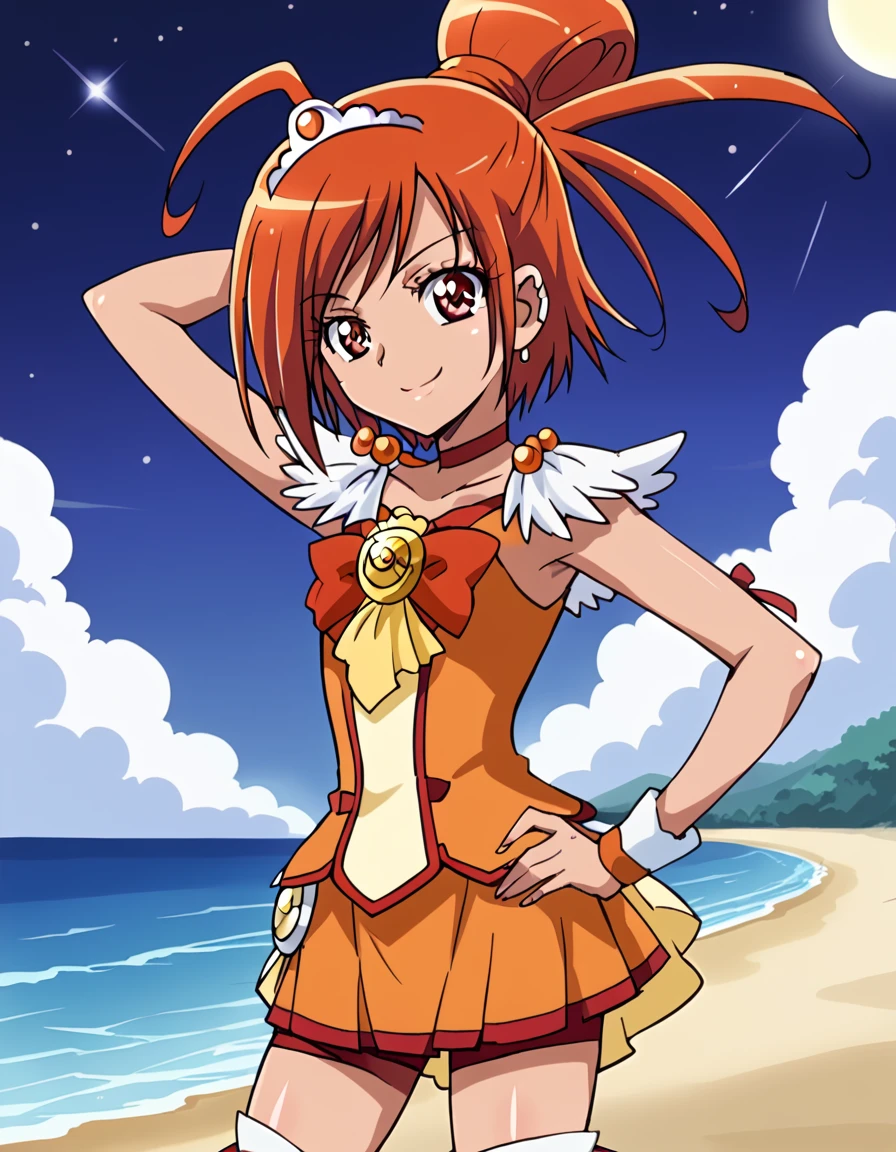 curesunny, shiny skin, high quality, solo, 1girl, night sky, beach, arm behind head, hand on hip, (contrapposto), closed mouth, spread armpits, (cowboy shot:1.5), looking at viewer, best quality, smile,