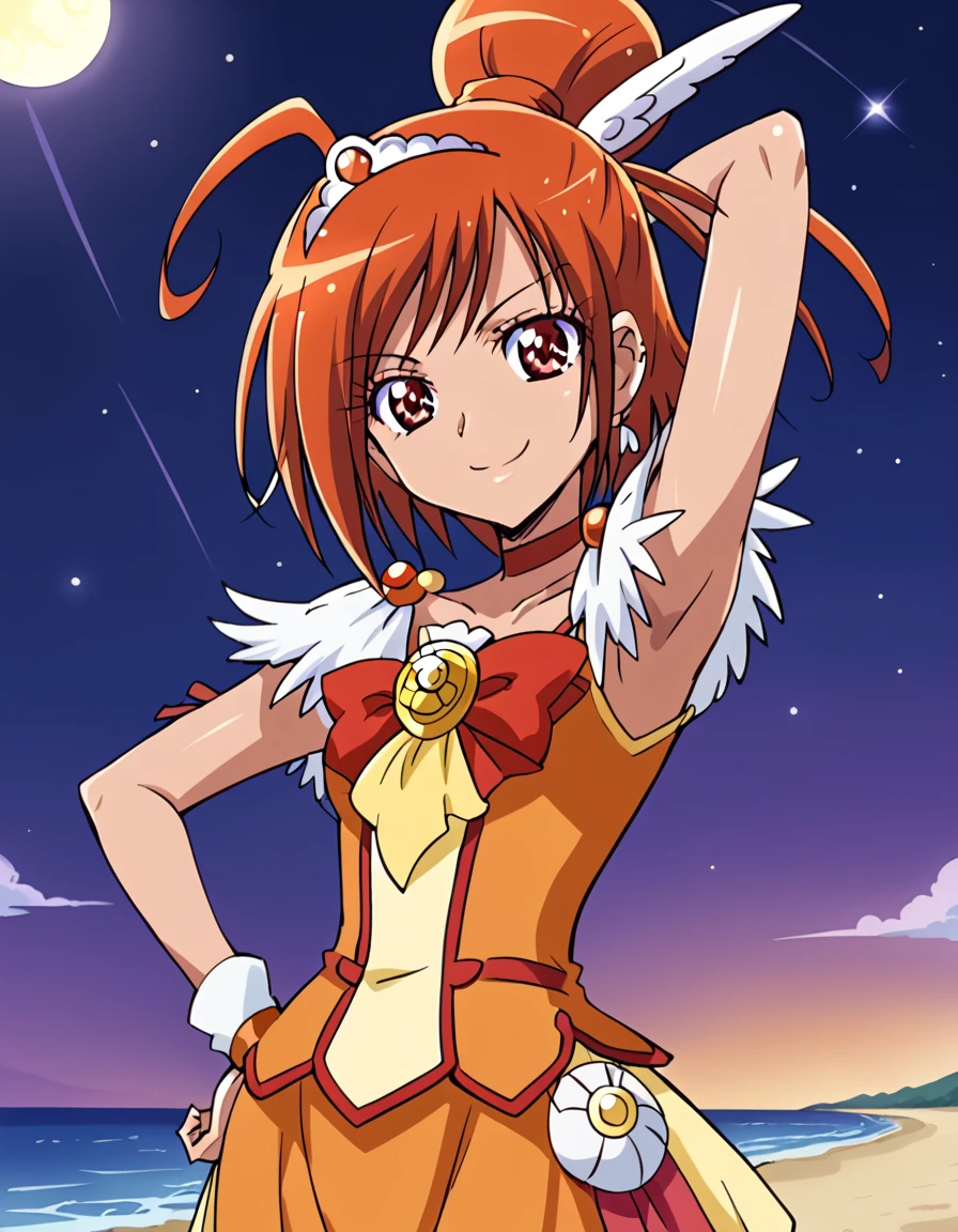 curesunny, shiny skin, high quality, solo, 1girl, night sky, beach, arm behind head, hand on hip, (contrapposto), closed mouth, spread armpits, (cowboy shot:1.5), looking at viewer, best quality, smile,