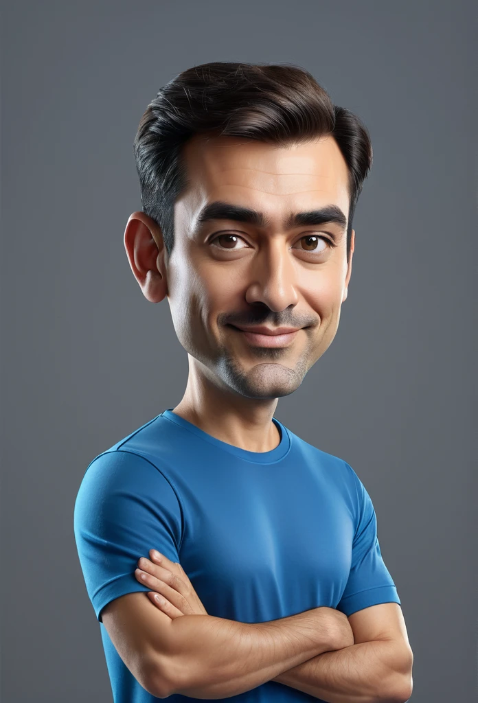 make a caricature image of a man wearing a blue t-shirt on a gray background with sufficient lighting, 3d 8d caricature image quality