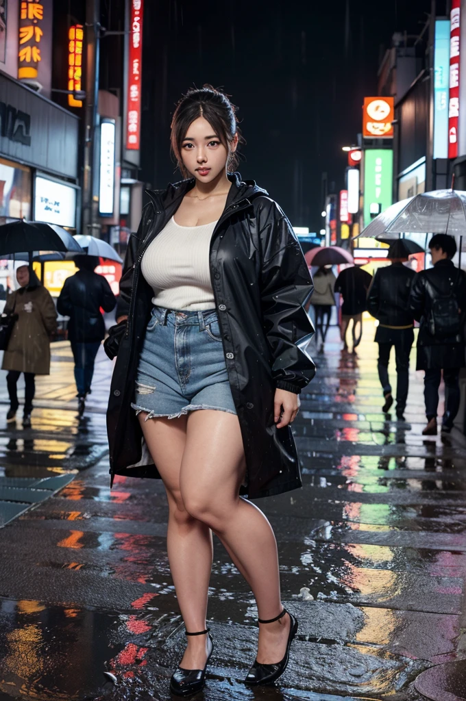 8K,high quality,high resolution,(tall),Plump,raining,(rain:1.2),Tokyo Night,raincoat,,,,,
