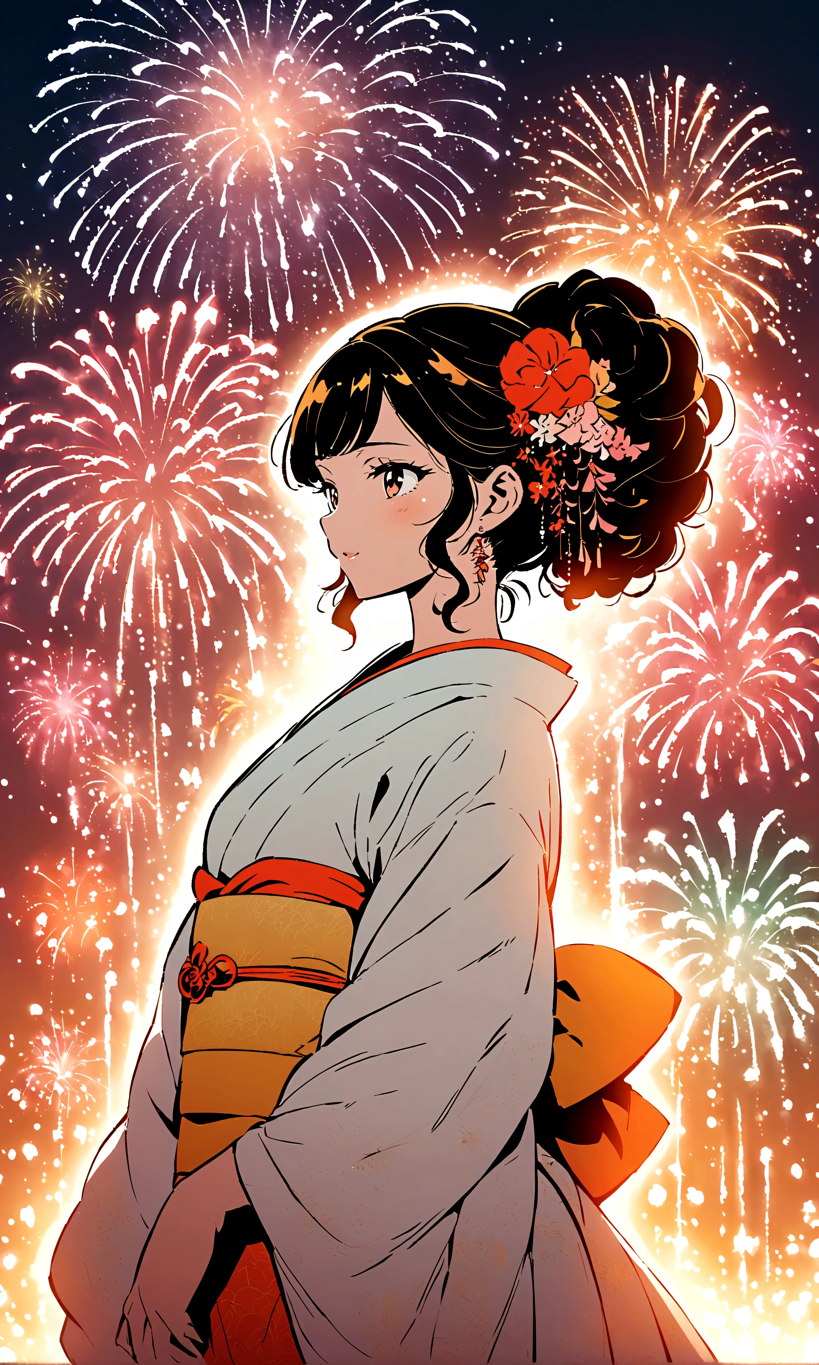 ((Illustration style))，Anime style, Maiko, A woman in an elegant kimono, fireworks, charming