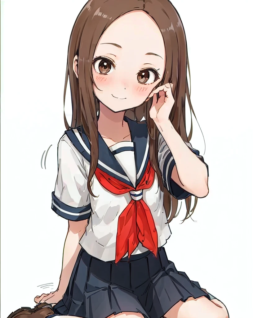 best quality,highly detailed,masterpiece,ultra-detailed,solo,(1girl),Delicate eyes,(white background:1.3),takagi-san,school_uniform, serafuku, skirt, sailor_collar,forehead, long_hair, black_sailor_collar, pleated_skirt, brown_eyes, blush, brown_hair, smile, short_sleeves, black_skirt,red_neckerchief, closed_mouth, bangs, looking_at_viewer, neckerchief, wariza, sitting,