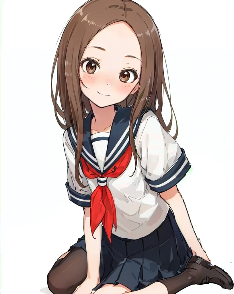 best quality,highly detailed,masterpiece,ultra-detailed,solo,(1girl),Delicate eyes,(white background:1.3),takagi-san,school_uniform, serafuku, skirt, sailor_collar,forehead, long_hair, black_sailor_collar, pleated_skirt, brown_eyes, blush, brown_hair, smile, short_sleeves, black_skirt,red_neckerchief, closed_mouth, bangs, looking_at_viewer, neckerchief, wariza, sitting,