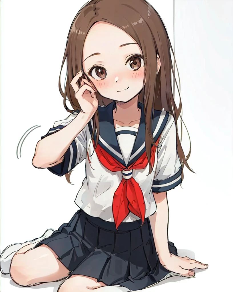 best quality,highly detailed,masterpiece,ultra-detailed,solo,(1girl),Delicate eyes,(white background:1.3),takagi-san,school_uniform, serafuku, skirt, sailor_collar,forehead, long_hair, black_sailor_collar, pleated_skirt, brown_eyes, blush, brown_hair, smile, short_sleeves, black_skirt,red_neckerchief, closed_mouth, bangs, looking_at_viewer, neckerchief, wariza, sitting,