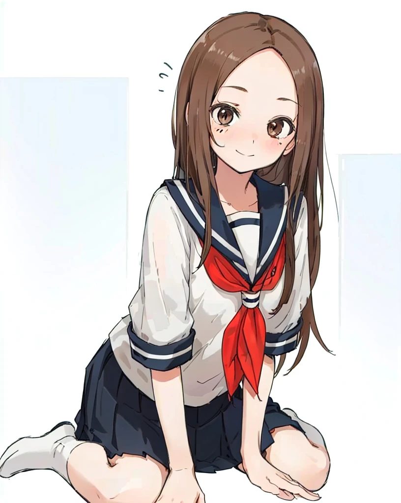 best quality,highly detailed,masterpiece,ultra-detailed,solo,(1girl),Delicate eyes,(white background:1.3),takagi-san,school_uniform, serafuku, skirt, sailor_collar,forehead, long_hair, black_sailor_collar, pleated_skirt, brown_eyes, blush, brown_hair, smile, short_sleeves, black_skirt,red_neckerchief, closed_mouth, bangs, looking_at_viewer, neckerchief, wariza, sitting,