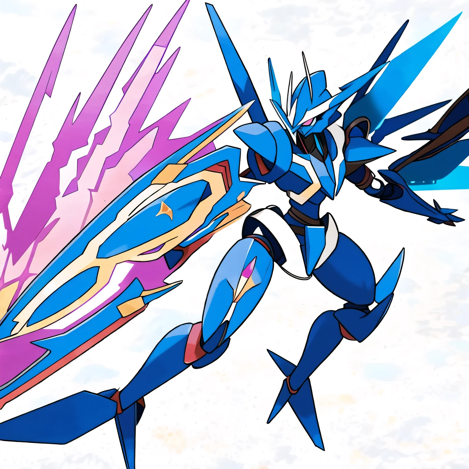 pokemon blue eyes colored sclera energy wings full body glowing glowing eyes helmet holding polearm horns ice lance looking at viewer mecha mechanical wings no humans pokemon \(creature\) polearm robot simple background solo spear spikes weapon white background
