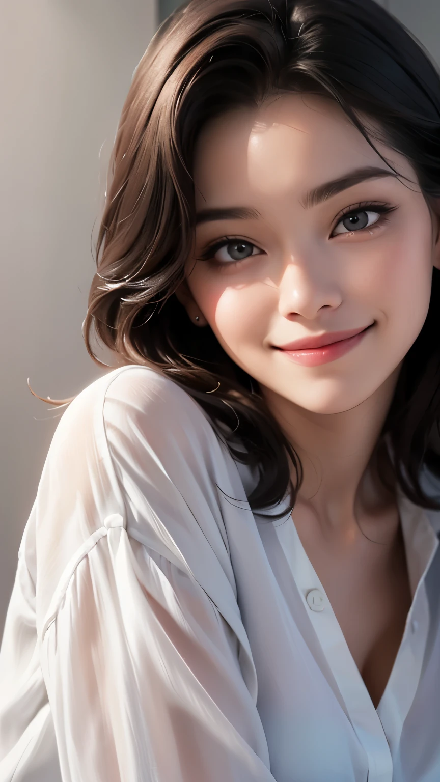 A woman wearing a loose, neat blouse is looking straight into the camera and smiling., A look on the face of a loved one, The background is a plain gray gradient, Close-up