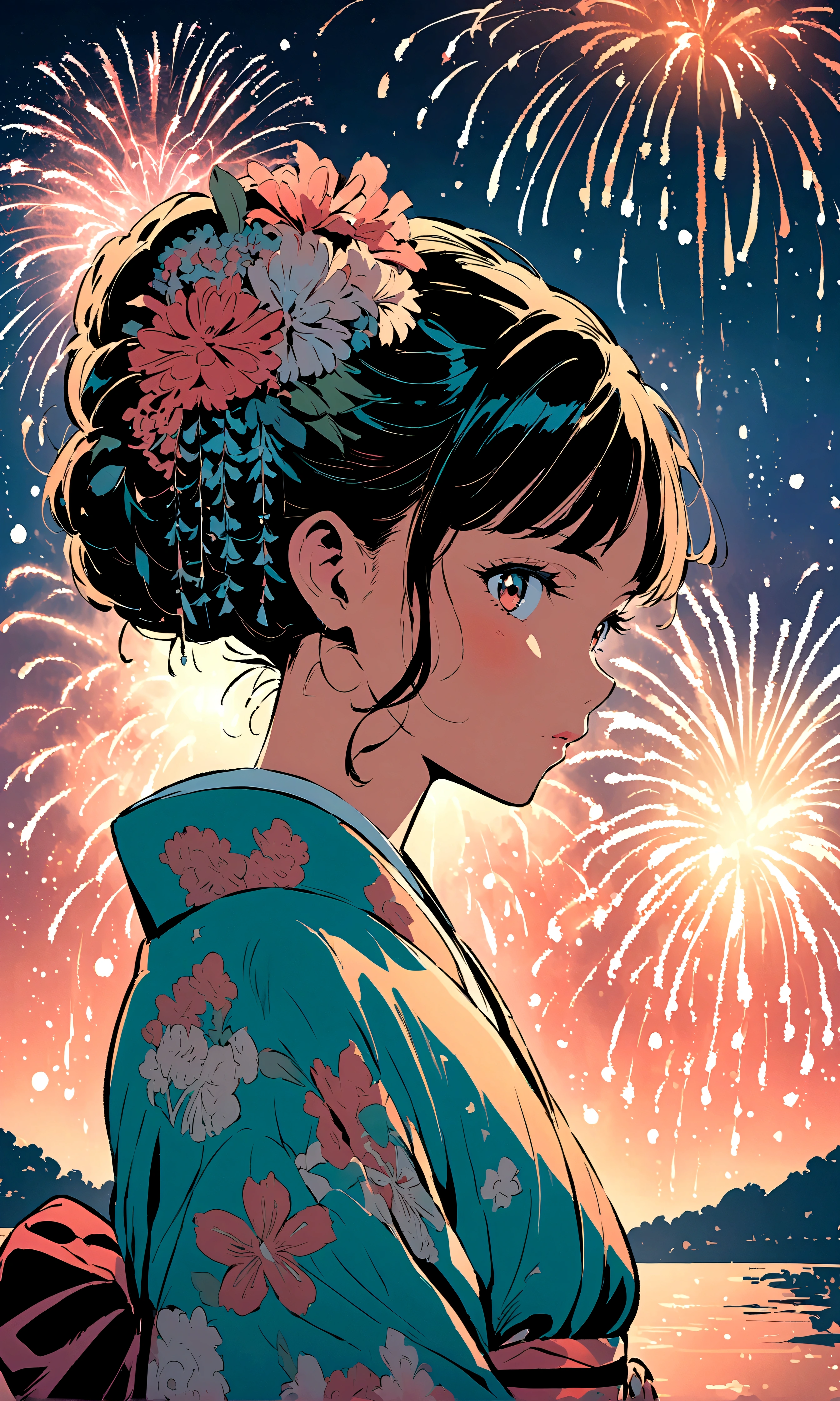 ((Illustration style)),Anime style, Maiko, A woman in an elegant kimono, fireworks, charming