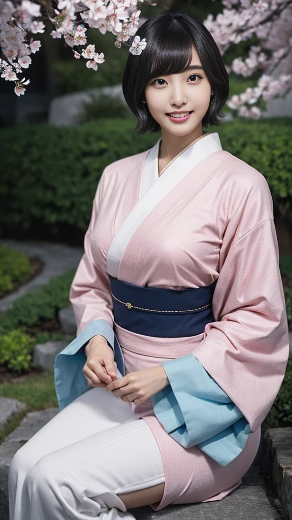 (Highest quality、8K、16K、masterpiece、Realistic、Ssuperiorer DetaileD、Beautiful in every detail、Ray Tracing)、photograph、
break beautiful asian girl、Looks like a Korean idol、25-year-old female model、Silver Hair、Pink mesh hair color、(Detailed face、The Golden Ratio of Beauty)、((smile))、((White teeth))、Lip details、Beautiful Eyes、Short Bob Hair、Silver Hair、Ssuperiorer cute face with pink mesh hair anD coDDle style、Slim and beautiful body、Beautiful breasts、Shiny skin、
break、
Generate an image of a Japanese-style woman wearing a kimono.、that woman'The pose is graceful、The patterns and colors of the kimono must express traditional Japanese beauty..、
break 、(The background is a Japanese garden)、Tell me where you feel at peace.、
Cherry blossoms in full bloom on the branches in the foreground,:D,Looking_superior,(航空photograph:1.2),Available Light,