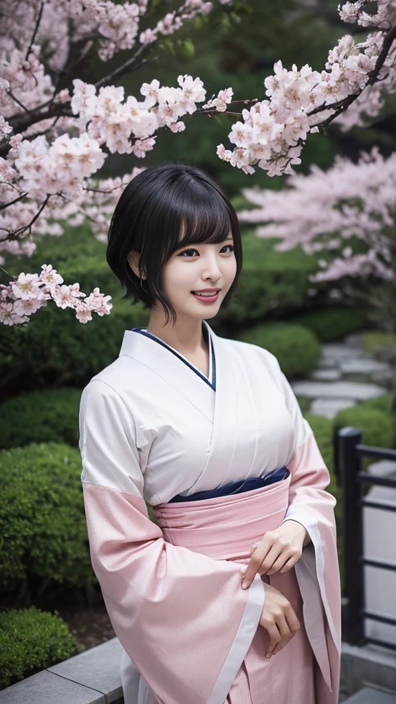 (Highest quality、8K、16K、masterpiece、Realistic、Ssuperiorer DetaileD、Beautiful in every detail、Ray Tracing)、photograph、
break beautiful asian girl、Looks like a Korean idol、25-year-old female model、Silver Hair、Pink mesh hair color、(Detailed face、The Golden Ratio of Beauty)、((smile))、((White teeth))、Lip details、Beautiful Eyes、Short Bob Hair、Silver Hair、Ssuperiorer cute face with pink mesh hair anD coDDle style、Slim and beautiful body、Beautiful breasts、Shiny skin、
break、
Generate an image of a Japanese-style woman wearing a kimono.、that woman&#39;The pose is graceful、The patterns and colors of the kimono must express traditional Japanese beauty..、
break 、(The background is a Japanese garden)、Tell me where you feel at peace.、
Cherry blossoms in full bloom on the branches in the foreground,:D,Looking_superior,(航空photograph:1.2),Available Light,