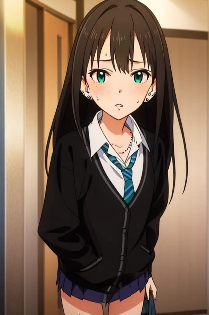 shibuya rin,earrings,my room,looking viewer, miniskirt,panties,, sweat, sweatdrop,parted lips,