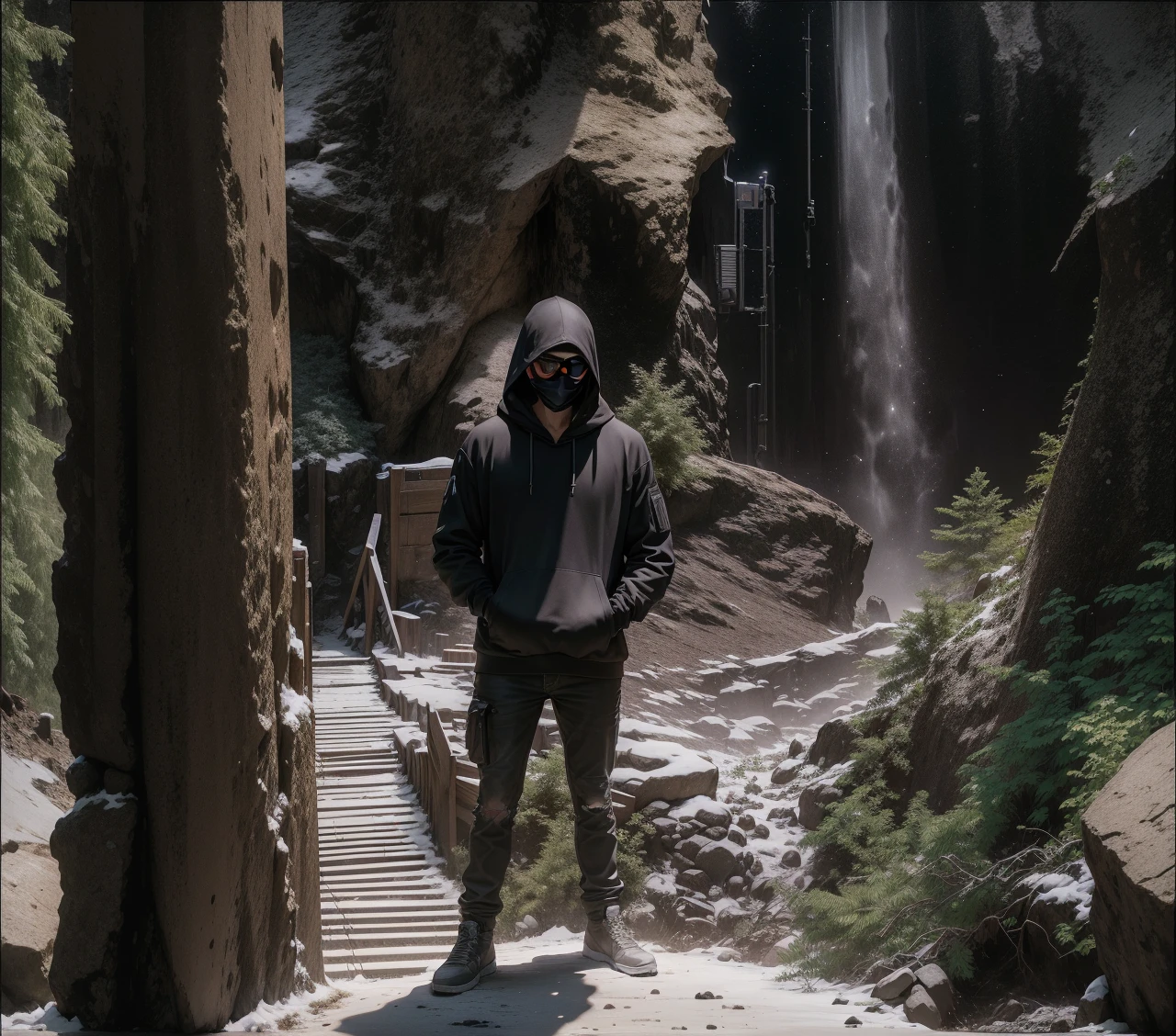 hoodie on the head , 8k image quality, masterpiece, ultra clean image quality, super rich details, silhouette of a cold man in the dark, both hands in pockets, harsh features, black military style sunshades on the face, nobody else, facing camera, full body, alone, illuminated night city far background,