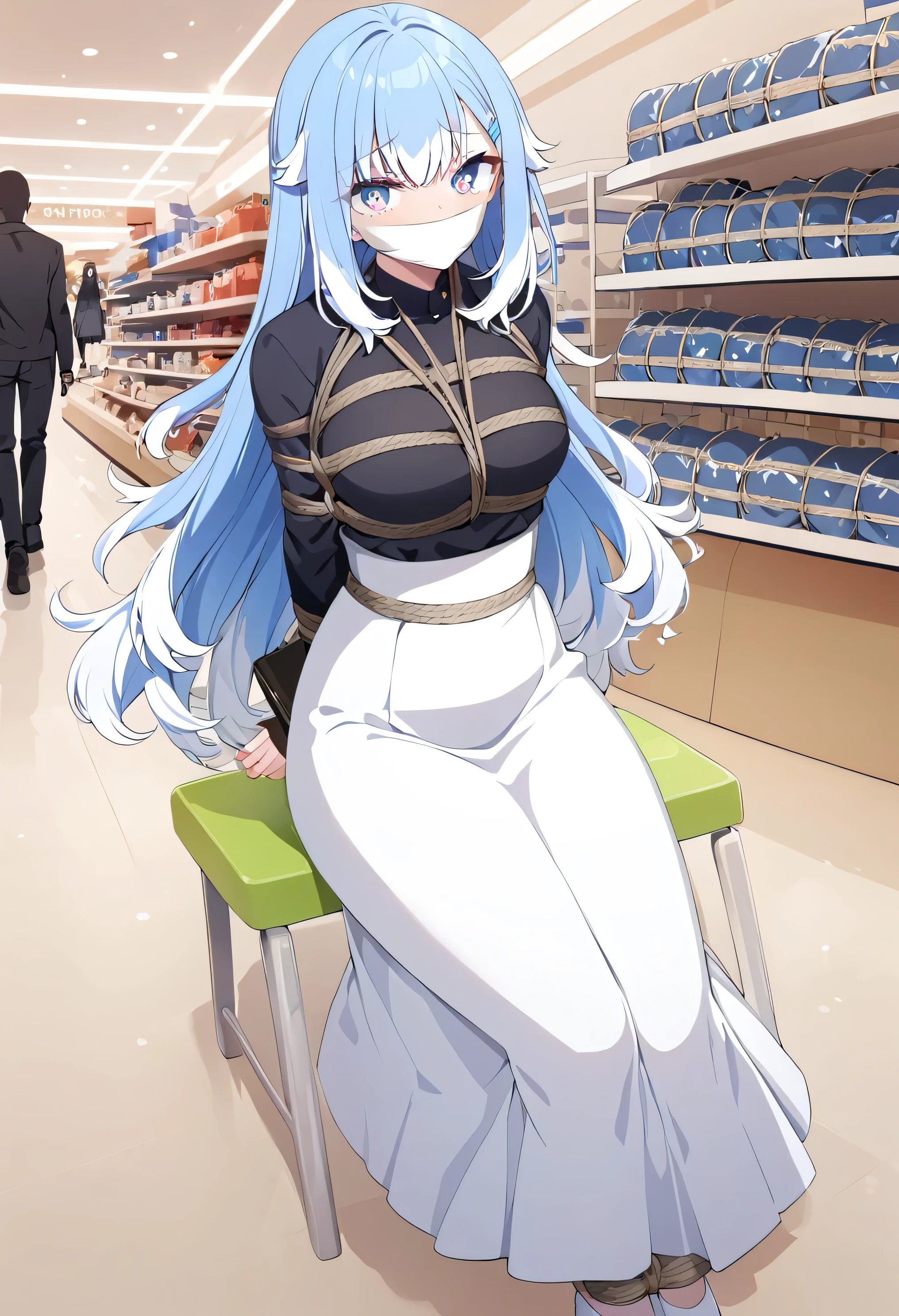 score_9, score_8_up, source_anime, 1girl, solo, KoboKanaeru, blue eyes, long hair, blue hair, colored tips, white hair, high-waist skirt, long skirt, white skirt, black shirt, long sleeves, , , indoors, shopping mall, (bound with an excessive amount of ropes), (bound wirsts), (arms behind back), (tapegag, tape gag), dramatic,  (looking at viewer), (detailed pupils:1.3) Sitting 