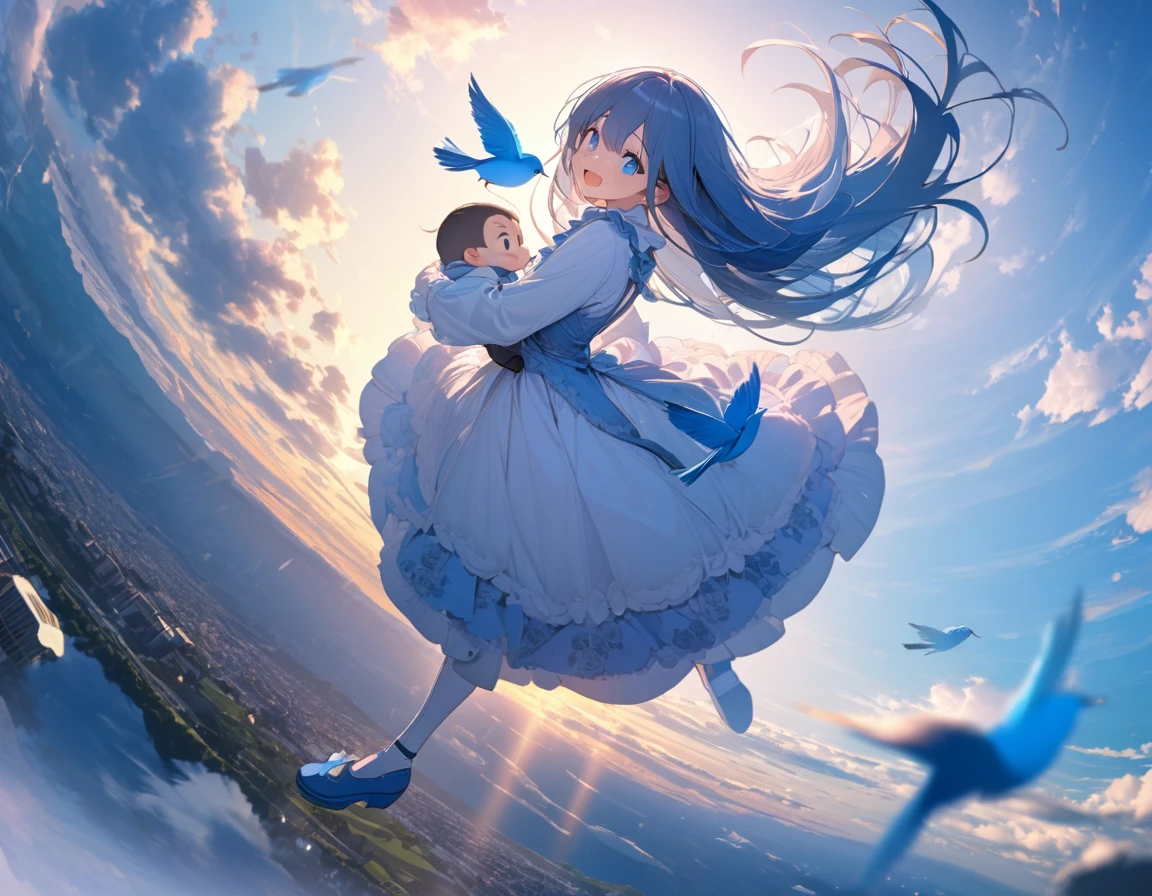 (8K, best quality, master piece: 1.2), super high resolution,1girl,yo,ultra-detailed face,beautiful detailed eyes, luscious eyes,extra long hair,straight hair,blue hair,(the girl is walking in the air straddling and riding on a large blue bird),enjoy,smile,open mouth,Wearing floral pattern blue ruffle dress,(The blue bird is big and graceful and carrying a dwarf girl on its back),above the sky,crepuscular rays,Blue sky,aerial shot