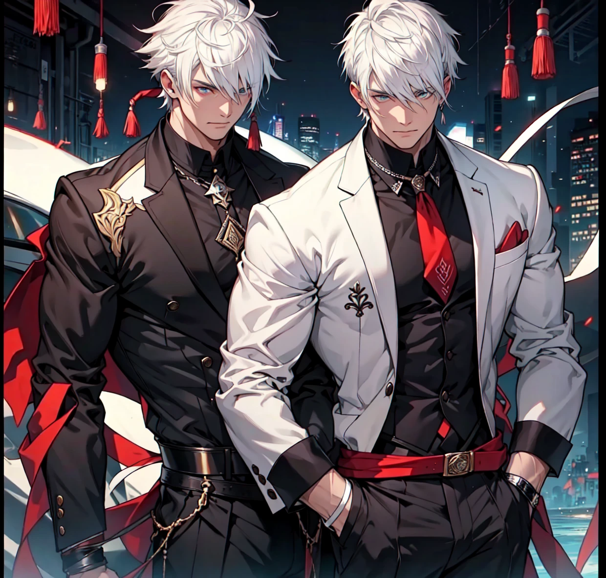 2 Well-dressed men White hair Different haircuts Two eyes