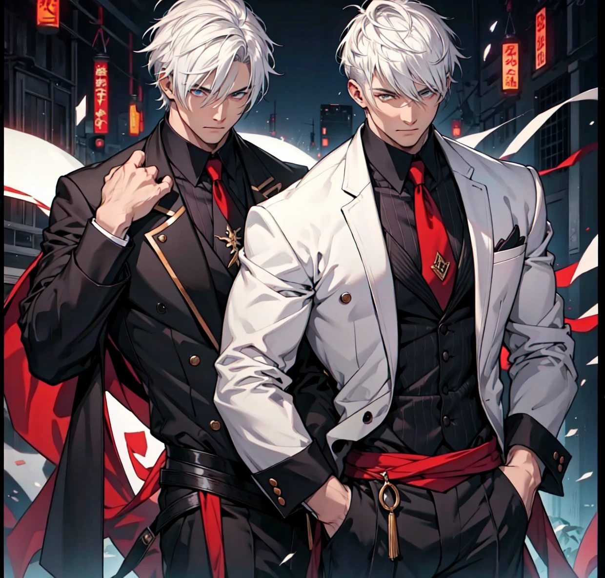 2 Well-dressed men White hair Different haircuts Two eyes 