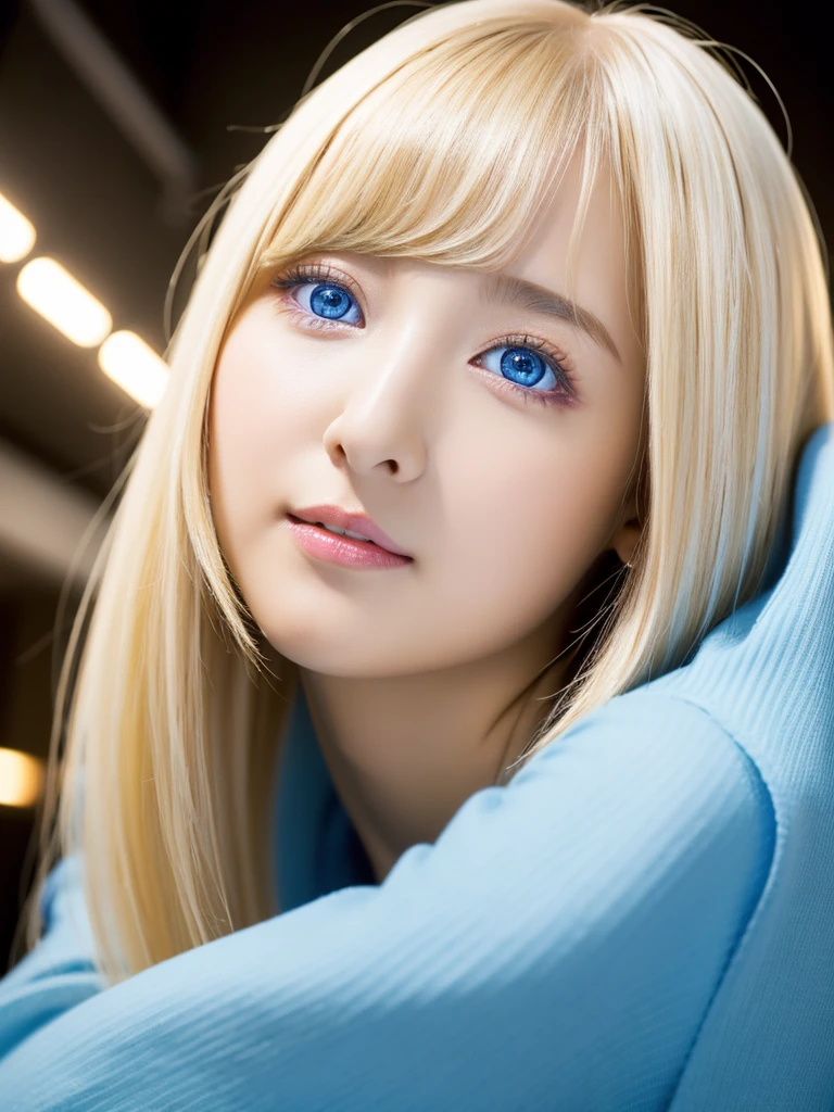 1 Girl, Super long hair, Beautiful and cute 17-year-old girl、Beautiful Bangs、Very beautiful face、Bright expression、(Bright and dazzling platinum blonde with golden shine)、Her hair is super long, Straight Silky、Long bangs between the eyes,、、、Textured white skin, Attention to detail, Highest quality, 4K High Resolution、Glowing Skin、Beautiful, shining, pale marine blue eyes、Pretty face、Small Face Beauty、Gloss Face、Cheek gloss