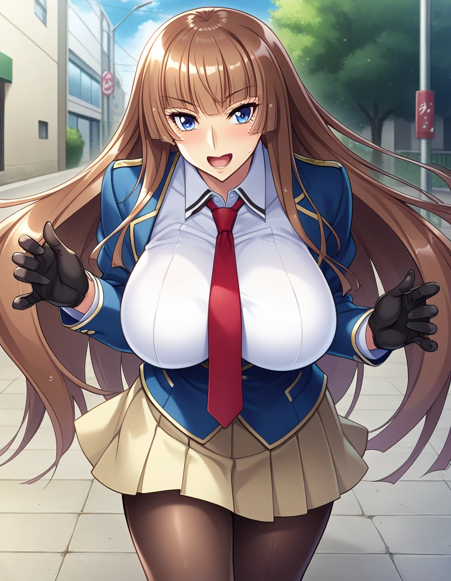 score_9, score_8_up, score_7_up, score_6_up, source_anime, game cg, aoi_nagisa_\(metalder\), BREAK solo, 1girl, koukawa asuka, brown hair, long hair, blue eyes, large eyes, bangs, side bangs, (huge breasts:0.8), medium body, BREAK school_uniform, blue jacket, (white collared blouse:1.1), tight clothes, red long necktie, black gloves, black pleated skirt, black pantyhose, BREAK happy, open mouth, outside, street, cowboy shot,