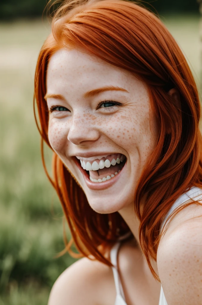 redhead girl laughing, you can see her freckles, his small eyes when he laughs and his perfectly aligned smile with slightly big teeth