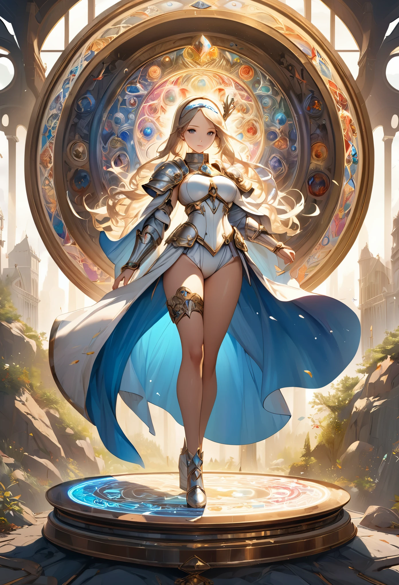 8K resolution, masterpiece, Highest quality, Award-winning works, unrealistic, sole sexy lady, healthy shaped body, 25 years old, white wavy long hair, hair band, big firm bouncing bust, ancient roman military commander's armor, Pure white armor with a complex structure, royal coat of arms, excalibur, elegant, Very detailed, Digital Painting, artステーション, コンセプトart, Smooth, Sharp focus, shape, artジャム、Greg Rutkowski、Alphonse Mucha、William Adolphe Bouguereau、art:Stephanie Law , Magnificent royal background, Royal Jewel, nature, Full Shot, Symmetric, Greg Rutkowski, Charlie Bowwater, beep, Unreal 5, Surreal, Dynamic Lighting, ファンタジーart, Complex colors, Colorful magic circle, flash, dynamic sexy poses