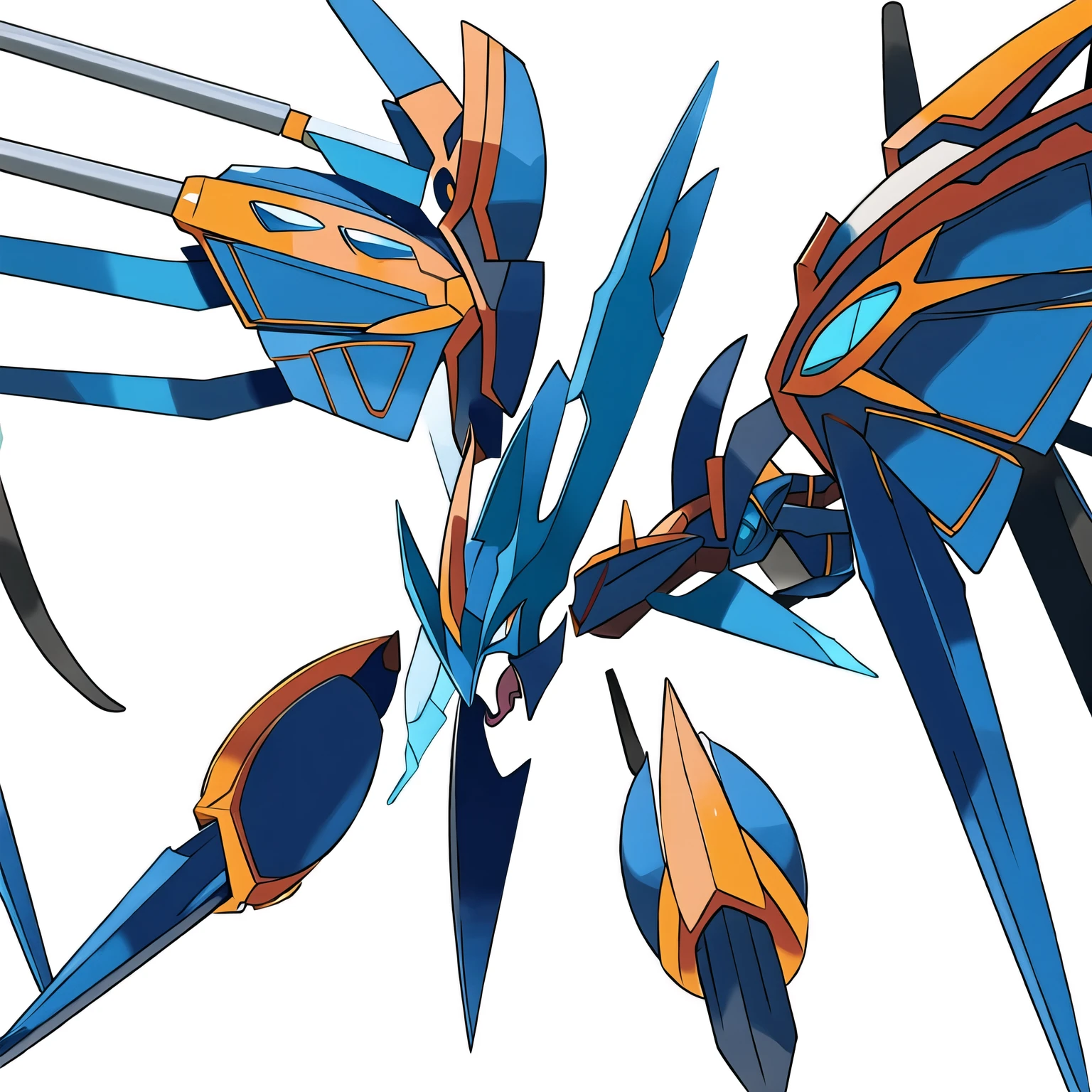 pokemon blue eyes colored sclera energy wings full body glowing glowing eyes helmet holding polearm horns ice lance looking at viewer mecha mechanical wings no humans pokemon \(creature\) polearm robot simple background solo spear spikes weapon white background