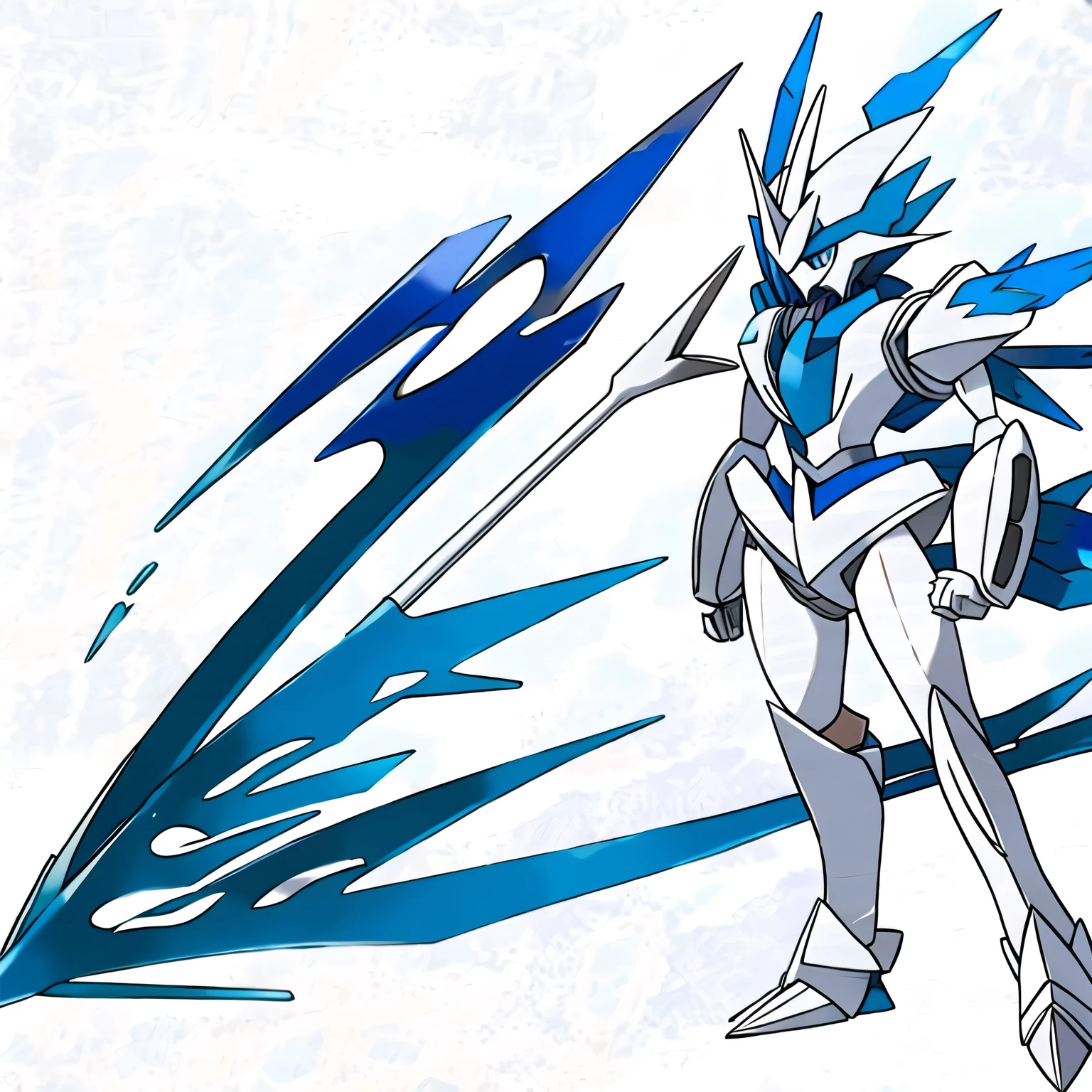 pokemon blue eyes colored sclera energy wings full body glowing glowing eyes helmet holding polearm horns ice lance looking at viewer mecha mechanical wings no humans pokemon \(creature\) polearm robot simple background solo spear spikes weapon white background
